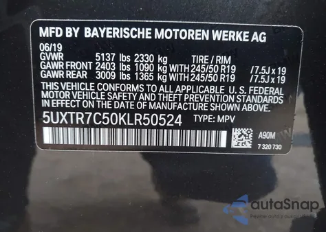 2019 BMW X3 Sdrive30I z USA, uszkodzony, nr VIN 5UXTR7C50KLR50524